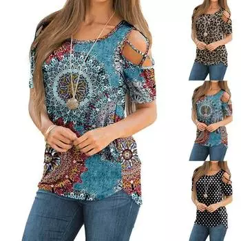 Женская мода летняя одежда повседневная печать топы с открытыми плечами и короткими рукавами блузки женская футболка свободная большого размера S-5XL S синий