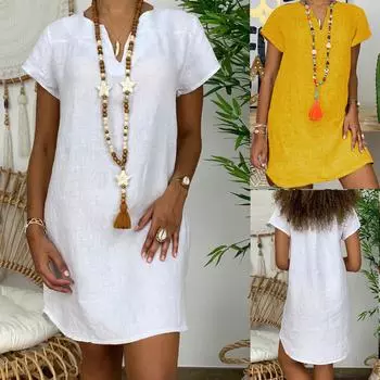 Женская мода, летняя свободная юбка, хлопковое льняное платье с коротким рукавом и v-образным вырезом