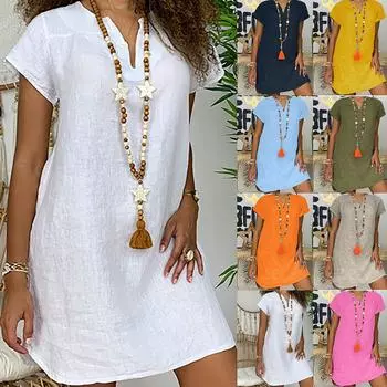 Женская мода, летняя свободная юбка, хлопковое льняное платье с коротким рукавом и v-образным вырезом