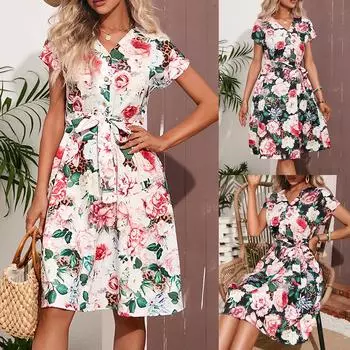 Женская мода, летняя талия, v-образный вырез, цветочная морская юбка-трапеция, элегантное платье с короткими рукавами с принтом XXL чёрный