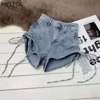 Женская мода, летняя упаковка, джинсы на бедрах, джинсовые повседневные тонкие шорты трапециевидной формы со сборками, брюки S