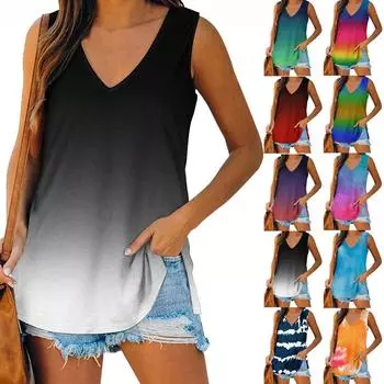 Женская мода, лето 2022, повседневная футболка без рукавов с v-образным вырезом и принтом, топы, блузка XL чёрный