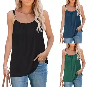 Женская мода, лето 2022, повседневная однотонная футболка без рукавов с круглым вырезом, топы, блузка L чёрный