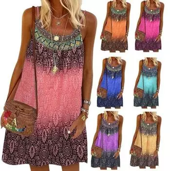 Женская мода Лето Boho Свободное повседневное платье с принтом в этническом стиле XS зелёный