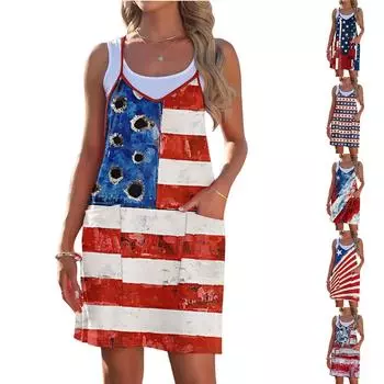 Женская мода лето День независимости напечатано свободное без рукавов карман V-образный вырез платье S