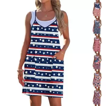 Женская мода лето День независимости напечатано свободное без рукавов карман V-образный вырез платье S винный