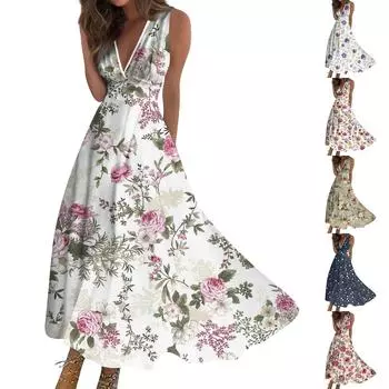 Женская мода лето маленький цветочный V-образный вырез без рукавов туника повседневные платья S