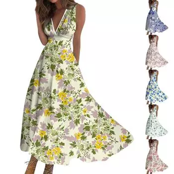 Женская мода лето маленький цветочный V-образный вырез без рукавов туника повседневные платья L синий