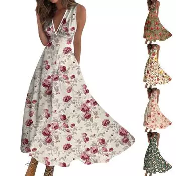 Женская мода лето маленький цветочный V-образный вырез без рукавов туника повседневные платья L армия зеленый