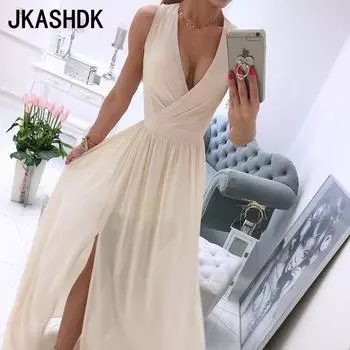 Женская мода Лето Однотонное платье с V-образным вырезом Повседневные платья