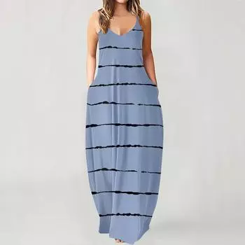 Женская мода Лето Повседневная печать V-образным вырезом Сексуальные платья без рукавов Длинные XXXL