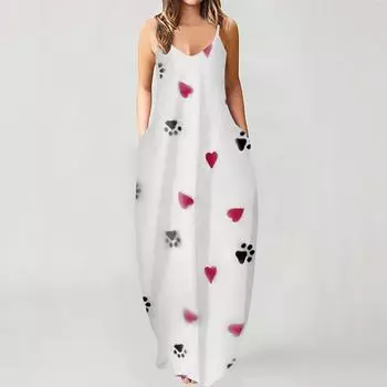 Женская мода Лето Повседневная печать V-образным вырезом Сексуальные платья без рукавов Длинные L
