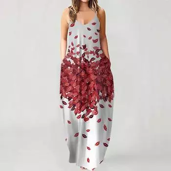 Женская мода Лето Повседневная печать V-образным вырезом Сексуальные платья без рукавов Длинные L