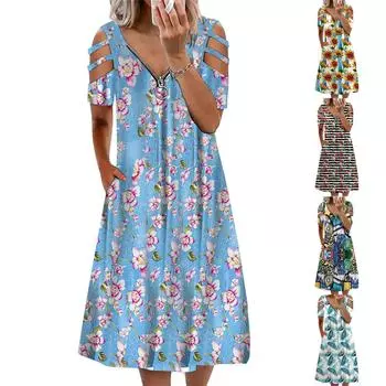 Женская мода Лето Повседневная печать V-образным вырезом Сексуальные платья без рукавов Длинные L синий