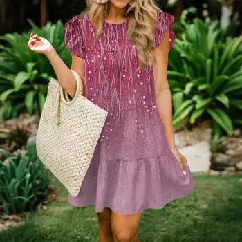 Женская мода лето повседневный О-образный вырез рукав оборки без рукавов струящаяся короткая туника платье M винный