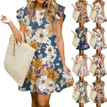 Женская мода лето повседневный О-образный вырез рукав оборки без рукавов струящаяся короткая туника платье M хаки