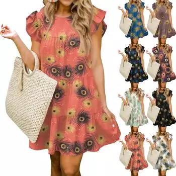 Женская мода лето повседневный О-образный вырез рукав оборки без рукавов струящаяся короткая туника платье L чёрный