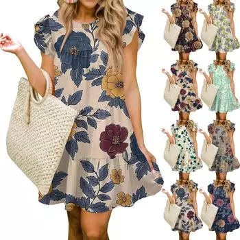 Женская мода лето повседневный О-образный вырез рукав оборки без рукавов струящаяся короткая туника платье L синий