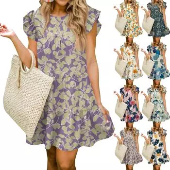 Женская мода лето повседневный О-образный вырез рукав оборки без рукавов струящаяся короткая туника платье L чёрный