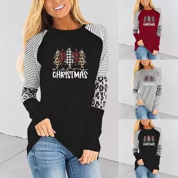 Женская мода Лето Рождественский принт Туника с длинным рукавом Топы Повседневная блузка M