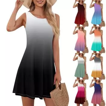 Женская мода Лето с круглым вырезом без рукавов Повседневная распашная Свободные платья с градиентом L чёрный