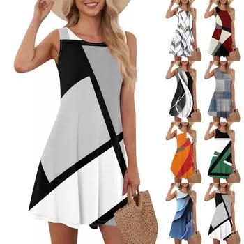 Женская мода Лето с круглым вырезом без рукавов Повседневная распашная Свободные платья с принтом L чёрный