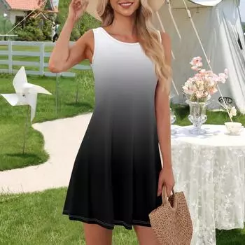 Женская мода Лето с круглым вырезом без рукавов Повседневная распашная Свободные платья с градиентом S циан