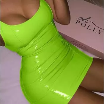 Женская мода Лето с открытой спиной Пакет Хип Платья Сексуальное клубное платье без рукавов из искусственной кожи с лямкой на шее S розовый