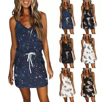 Женская мода Лето Свободное повседневное полосатое платье с жилетом и карманом L бежевый