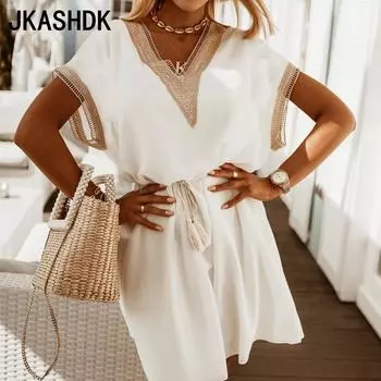 Женская мода Лето Свободные кружевные однотонные юбки Платье Повседневные платья