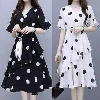 Женская мода Лето V-образным вырезом длиной до колена с коротким рукавом волнистое платье M чёрный