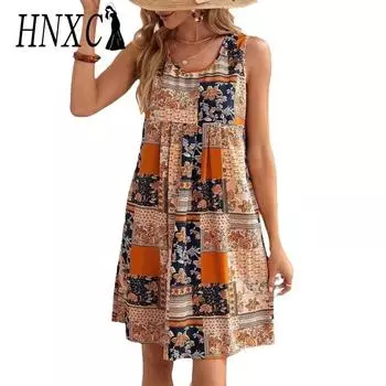 Женская мода лето весна без рукавов U-образный вырез свободные повседневные платья S оранжевый