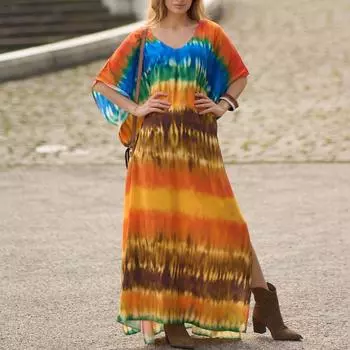 Женская мода лето весна цвет блок принт рукава 1/2 V-образный вырез свободная талия повседневные платья Size: One Size