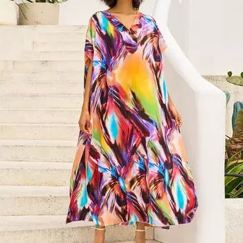Женская мода лето весна цвет блок принт рукава 1/2 V-образный вырез свободная талия повседневные платья Size: One Size