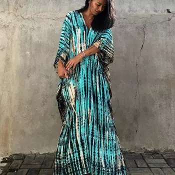 Женская мода лето весна цвет блок принт рукава 3/4 V-образный вырез свободная талия повседневные платья Size: One Size