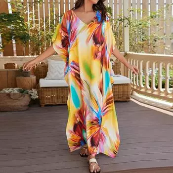 Женская мода лето весна цвет блок принт рукава 1/2 V-образный вырез свободная талия повседневные платья Size: One Size