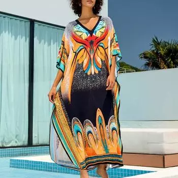 Женская мода лето весна цвет блок принт рукава 1/2 V-образный вырез свободная талия повседневные платья Size: One Size