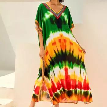 Женская мода лето весна цвет блок принт рукава 1/2 V-образный вырез свободная талия повседневные платья Size: One Size