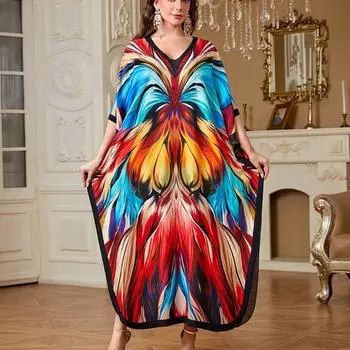 Женская мода лето весна цвет блок принт рукава 1/2 V-образный вырез свободная талия повседневные платья Size: One Size