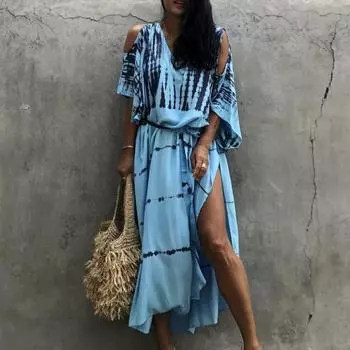 Женская мода лето весна цвет блок принт рукава 1/2 О-образный вырез свободная талия повседневные платья Size: One Size