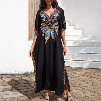 Женская мода лето весна цвет блок принт рукава 1/2 V-образный вырез свободная талия повседневные платья Size: One Size