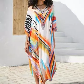 Женская мода лето весна цвет блок принт рукава 1/2 V-образный вырез свободная талия повседневные платья Size: One Size