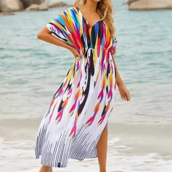 Женская мода лето весна цвет блок принт рукава 1/2 V-образный вырез свободная талия повседневные платья Size: One Size