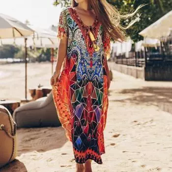 Женская мода лето весна цвет блок принт рукава 1/2 V-образный вырез свободная талия повседневные платья Size: One Size