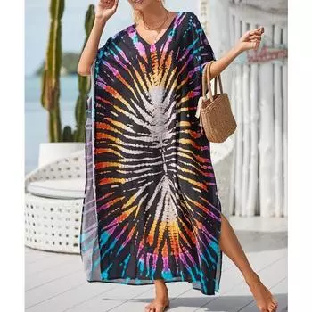 Женская мода лето весна цвет блок принт рукава 1/2 V-образный вырез свободная талия повседневные платья Size: One Size