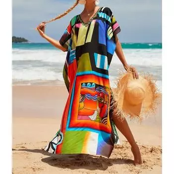 Женская мода лето весна цвет блок принт короткий рукав V-образный вырез свободная талия повседневные платья Size: One Size