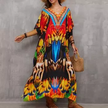 Женская мода лето весна цвет блок принт рукава 1/2 V-образный вырез свободная талия повседневные платья Size: One Size