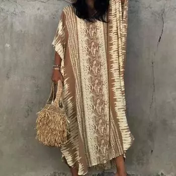 Женская мода лето весна цвет блок принт рукава 1/2 V-образный вырез свободная талия повседневные платья Size: One Size