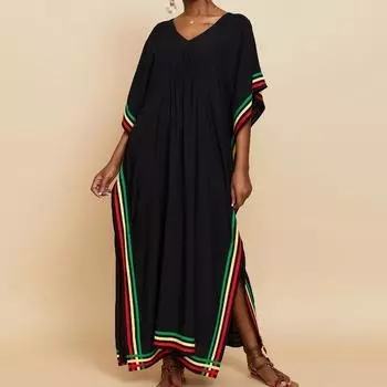 Женская мода лето весна цвет блок принт рукава 1/2 V-образный вырез свободная талия повседневные платья Size: One Size