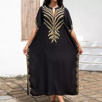 Женская мода лето весна цвет блок принт рукава 1/2 V-образный вырез свободная талия повседневные платья Size: One Size